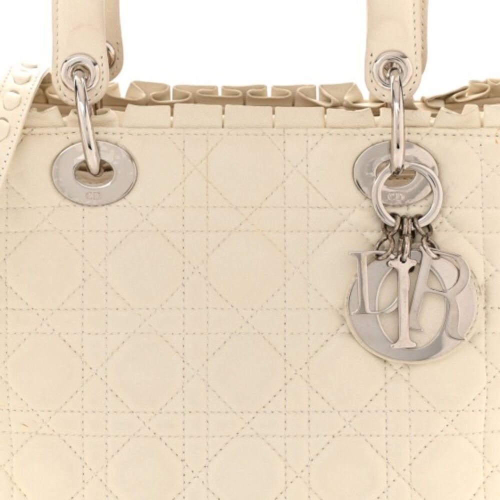 Authentic Christian Dior Lambskin Cannage Ruffle Trim Medium Lady Dior Off White